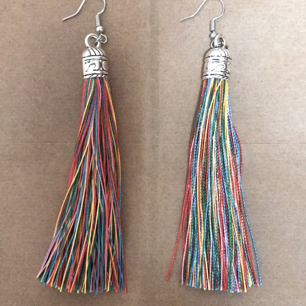 Brightly Colored Threaded Earrings with Sterling Silver Caps NWOT